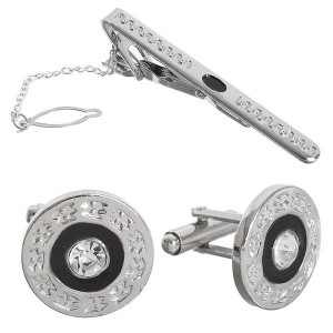 Набор мужской "Запонки + Зажим для галстука" круг с гравировкой, цвет чёрно-белый, цвет серебристый