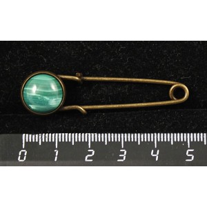 Брошь-булавка с малахитом, круг 12мм, цвет бронза
