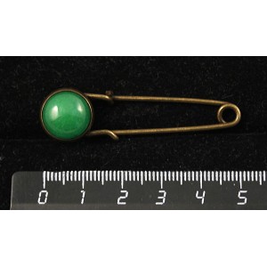 Брошь-булавка с кварцем тонированным, цвет хризопраз, круг 12мм, цвет бронза