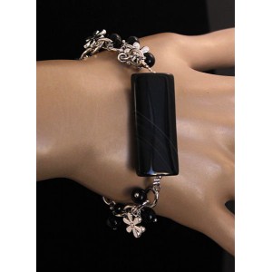 Браслет из агата черного на цепочке, прямоугольник + шарик 6мм