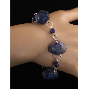 Браслет из лазурита на колечках, крупная огранка + шарик 6мм