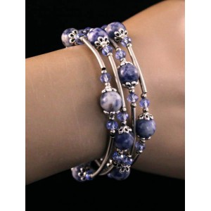 Браслет из лазурита бело-синего на струнке, шарик 8мм