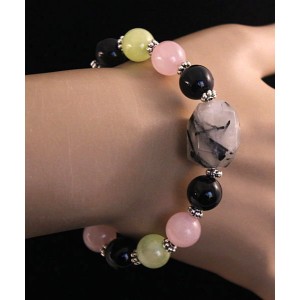 Браслет из кварца-волосатика, агата черного, оникса, кварца розового, бочонок+шарик 10мм