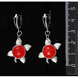 Серьги из агата красного, (тонировка под коралл), круг 12мм, "ягодка", швензы посеребрение
