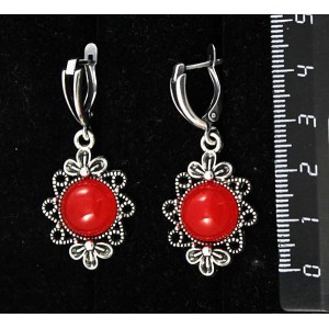 Cерьги из агата красного, (тонировка под коралл), "2 цветка", круг 12мм