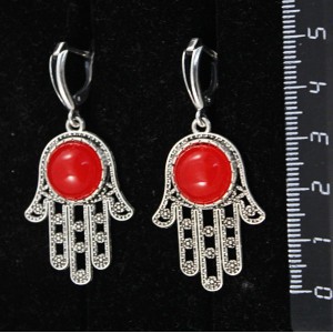 Серьги из агата красного, (тонировка под коралл), круг 12мм, "хамса", швензы посеребрение