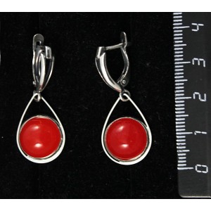 Серьги из агата красного, (тонировка под коралл), круг 12мм, "капелька", швензы посеребрение