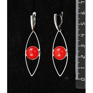 Серьги из агата красного, (тонировка под коралл), круг 12мм, "глаз", швензы посеребрение