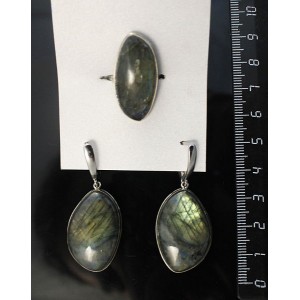 Кольцо и серьги из лабрадорита, листик 18х28 (13х28 кольцо), р-р 18-19