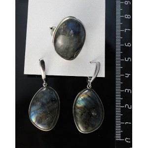 кольцо и серьги из лабрадорита, листик 18х26, р-р 18-20