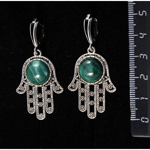 Серьги из малахита, круг 12мм, "хамса", швензы посеребрение