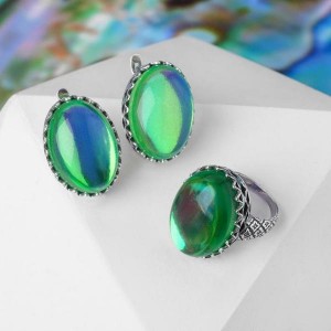 Комплект: серьги, кольцо, овал зигзаг опал иск., цвет зелёный