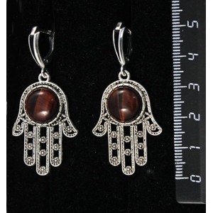 Серьги из бычьего глаза, круг 12мм, "хамса", швензы посеребрение