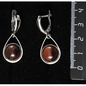 Серьги из бычьего глаза, круг 12мм, "капелька", швензы посеребрение