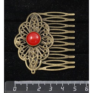 Заколка-шпилька из агата красного, (тонировка под коралл), круг 12мм, основа цвет бронза с узором
