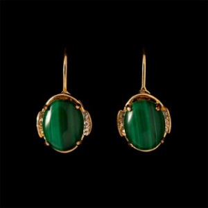 Серьги из малахита "овал цирконы сбоку"