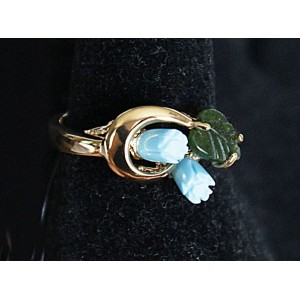 Кольцо с бирюзой (имитация) и нефритом "2 розы 1 лист ободок" р-р 19