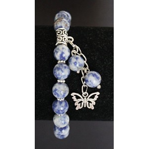 Браслет из лазурита, цвет бело-синий, шарик 8мм, с подвеской