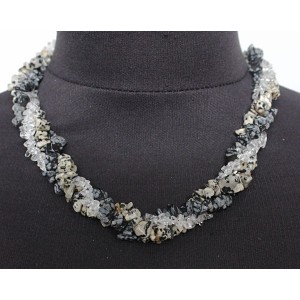 Бусы из горного хрусталя, +яшма далматиновая и обсидиан снежный, галтовка, жгут 3 нити