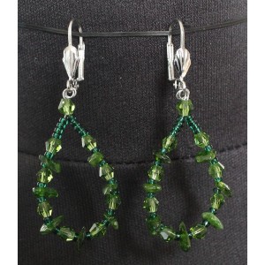 Серьги из хромдиопсида, галтовка+хрусталь, "воздушная капля"