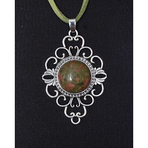 Кулон из унакита, круг 18мм, оправа "ромб с узором"