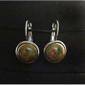 Серьги из унакита, круг 12мм, нерж. сталь