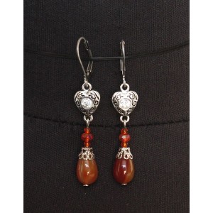 Серьги из сердолика, капелька+бусинка, коннектор "сердце"