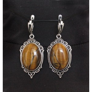 Серьги из тигрового глаза "медальон", овал 25х18мм, швензы посеребрение