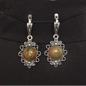 Серьги из унакита "2 цветка", круг 12мм, швензы посеребрение