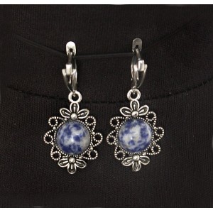 Серьги из лазурита (бело-синий) "2 цветка", круг 12мм, швензы посеребрение