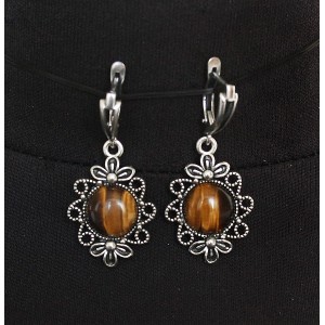 Серьги из тигрового глаза "2 цветка", круг 12мм, швензы посеребрение