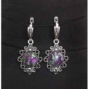 Cерьги из цоизита "2 цветка", круг 12мм, швензы посеребрение