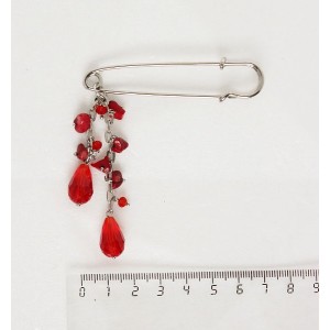 Брошь-булавка 68мм из коралла красного (галтовка) и хрусталя (капельки)