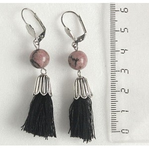 Серьги из родонита, шарик 10мм+кисточка