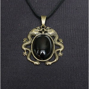 Кулон из агата черного, овал 25х18мм, оправа цвет бронза "2 дракона"