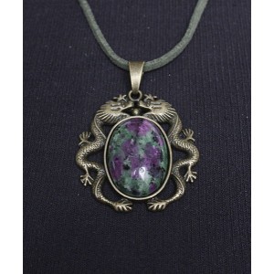 Кулон из цоизита, овал 25х18мм, оправа цвет бронза "2 дракона"