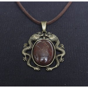 Кулон из яшмы красно-коричневой, овал 25х18мм, оправа цвет бронза "2 дракона"