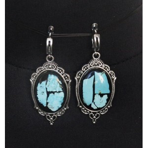 Cерьги из бирюзы (натуральная), мозаика, овал 25х18мм, оправа "медальон", швензы посеребрение