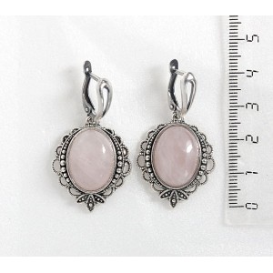 Серьги из розового кварца, овал 18х13мм, оправа "трилистник", швензы посеребрение