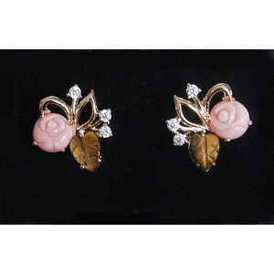 Серьги из коралла (розовый) и тигрового глаза "1 роза 1 лист"