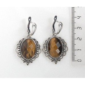 Серьги из тигрового глаза, овал 18х13мм огранка, оправа "трилистник", швензы посеребрение