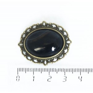 Брошь из агата черного, овал 25х18мм, оправа с узором цвет бронза