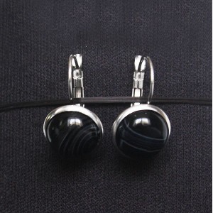 Cерьги из агата черного, круг 12мм, нерж. сталь