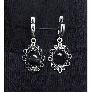 Cерьги из агата черного "2 цветка", круг 12мм, швензы посеребрение