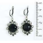 Cерьги из агата черного "2 цветка", круг 12мм, швензы посеребрение