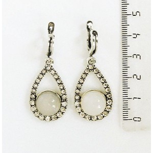 Cерьги из агата белого, круг 12мм, капля со стразами, швензы посеребрение