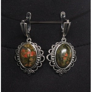 Серьги из унакита, овал 18х13мм, оправа "трилистник", швензы посеребрение