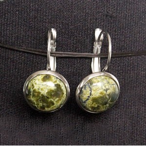 Серьги из змеевика, круг 12мм, нерж. сталь