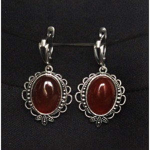 Серьги из сердолика, овал 18х13мм, оправа трилистник, швензы посеребрение