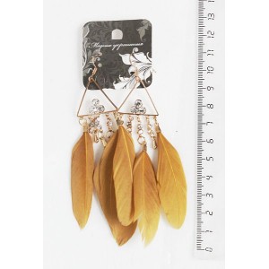 Серьги с перьями "3 перышка + треугольник", цвет бежево-золотистый